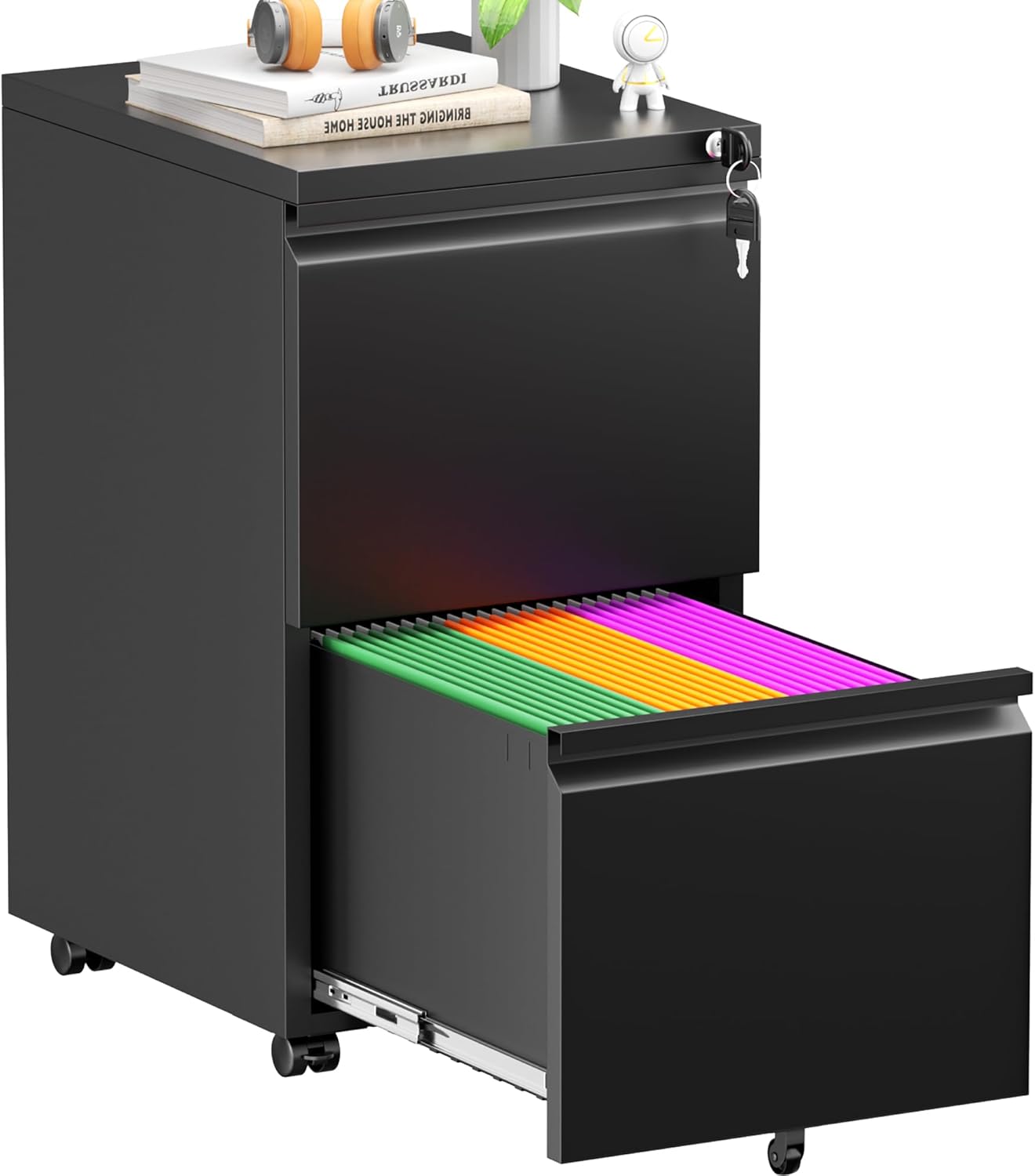 Superday 2 Drawer File Cabinet, Metal Rolling Filing Cabinet with Lock, Small File Cabinets with 2 Drawer, Filing Cabinets for Home Office Fit A4/Letter/Legal, Easy Assemble, Black