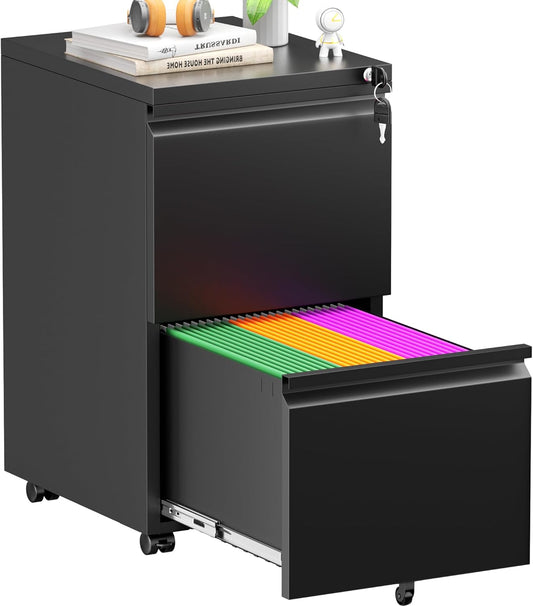 Superday 2 Drawer File Cabinet, Metal Rolling Filing Cabinet with Lock, Small File Cabinets with 2 Drawer, Filing Cabinets for Home Office Fit A4/Letter/Legal, Easy Assemble, Black