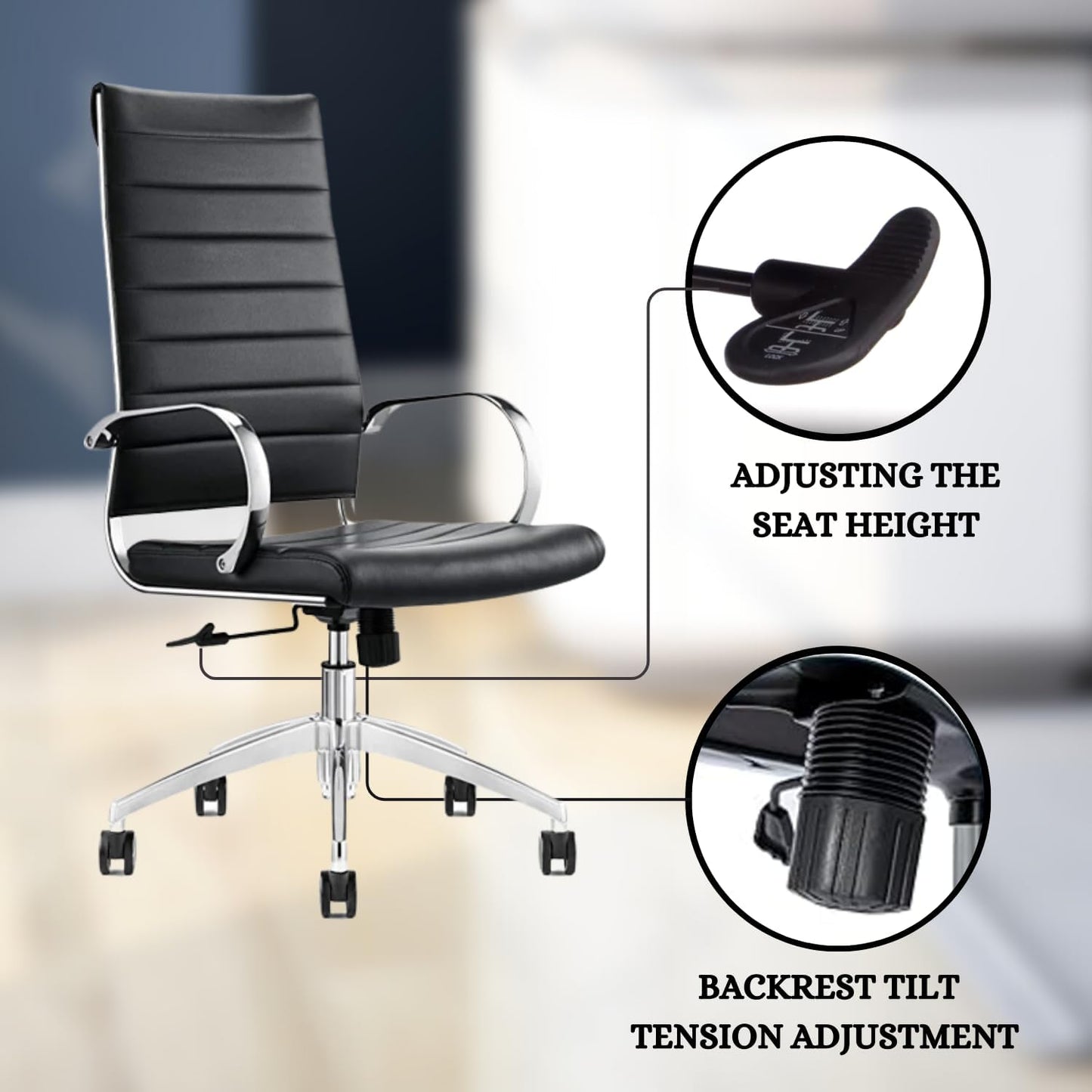 Ribbed Desk Chair - Lumbar Support, Modern Style Executive Chair for Home and Office - 360 Swivel Rolling Wheels - Aluminum Chrome Frame & Base (Black & Chrome High Back, Pack of 25)