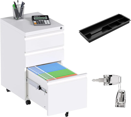 Aobabo Metal 3 Drawer Mobile File Cabinet with Lock, Under Desk Metal Filing Cabinet wiht Wheels, 23.6''H A4/Legal/Letter Size Storage Cabinet, Fully Assembled Except Wheels,White