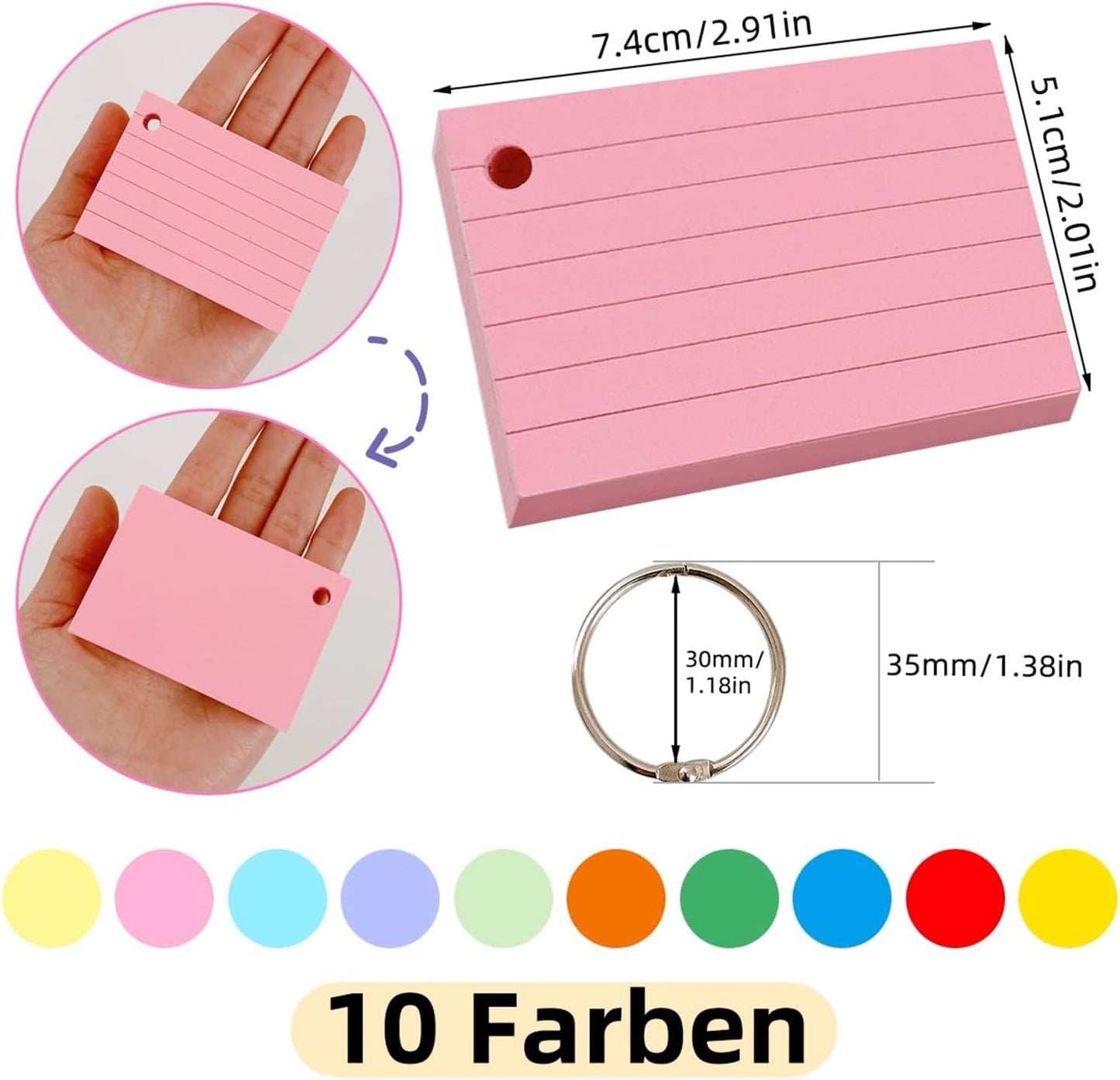 1000 Pcs Index Cards 2.91 x 2.01 Inch Color Flash Cards with Rings, Heavy Note Cards, Punched Ruled Index Cards for Studying, Office and Home, 10 Colors