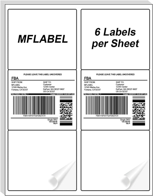 MFLABEL 3-1/3" x 4" Shipping Address Sticker, FBA Labels, 6-UP Sticker Label, White Shipping Label, Easy to Peel, Address Paper for Laser/Ink Jet Printer, 6 Per Page (60000 Labels, 10000 Sheets)