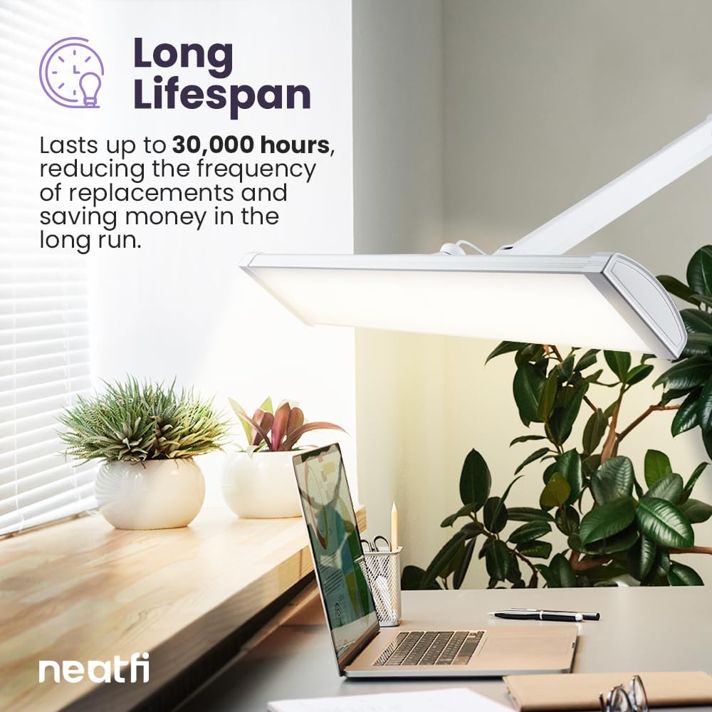 Neatfi Ultra 3,500 Lumen LED Desk Lamp, Color Correlated Temperature, 3 Light Modes, Dimmable, 45W, 26 Inch Wide Metal Shade, 540 SMD LEDs (CCT with Base, White)
