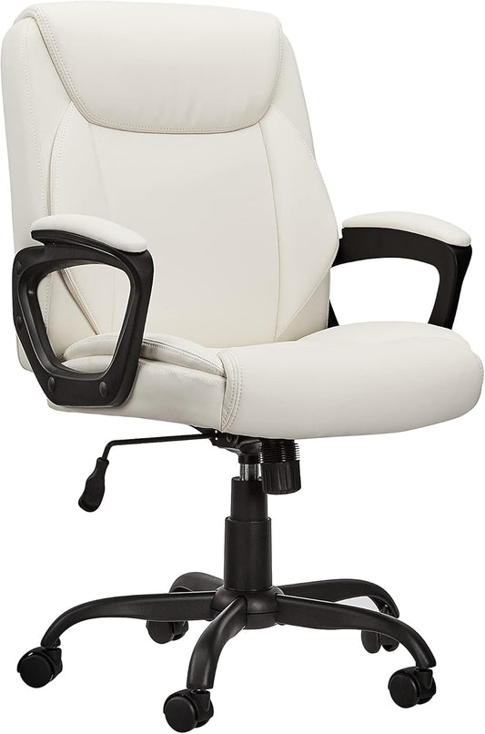 Amazon Basics Classic Puresoft PU Padded Mid-Back Height Adjustable Office Computer Desk Chair with Armrest, 26"D x 23.75"W x 42"H, Cream