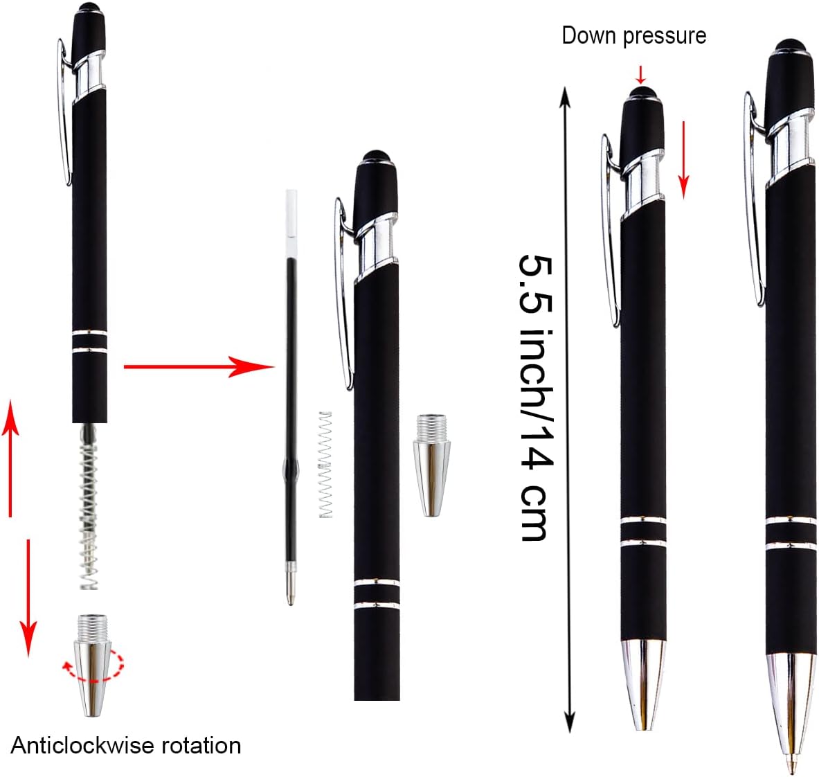 PASISIBICK 8 Pack Black Ballpoint Pens 2-in-1 Stylus Retractable Metal Stylus Pen for Touch Screens with Stylus tip, 1.0 mm Black Ink