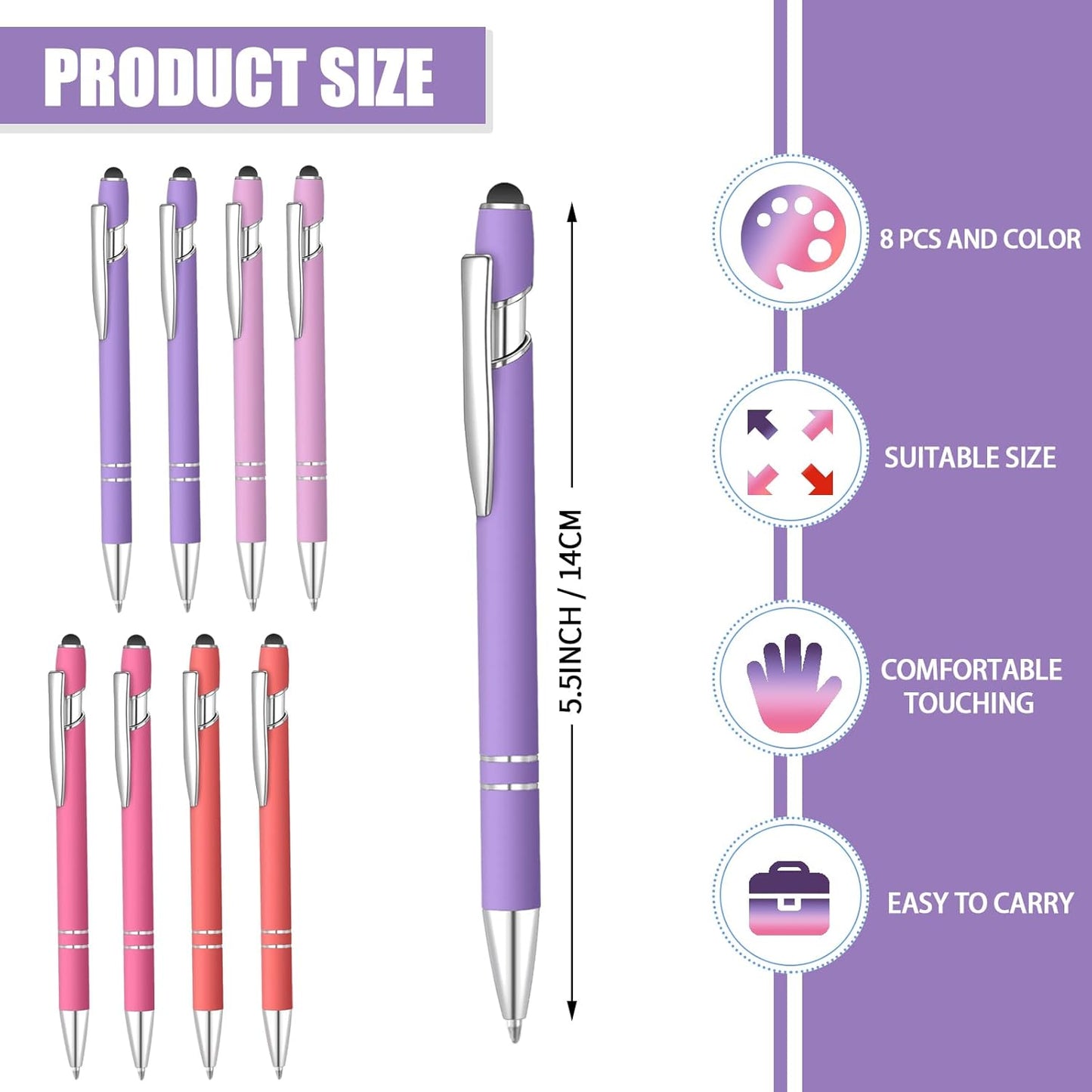 8 Pcs Blue Ink Ballpoint Pen with Stylus Tip 2 in 1 Stylus Ballpoint Pen Metal Pens Stylus Pen for Touch Screens School Office Coworkers (Multicolor Pink)