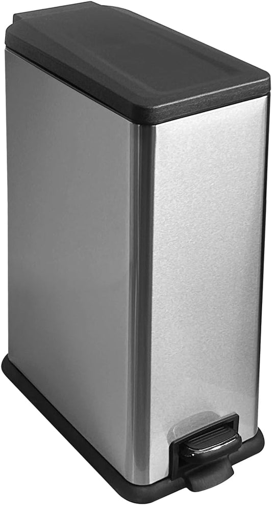 12 Gallon Trash Can with Lid，45L Kitchen Garbage Can,Stainless Steel Trash Can for Narrow Spaces with Soft-Close Lid, Inner Bucket, and Step-on Pedal