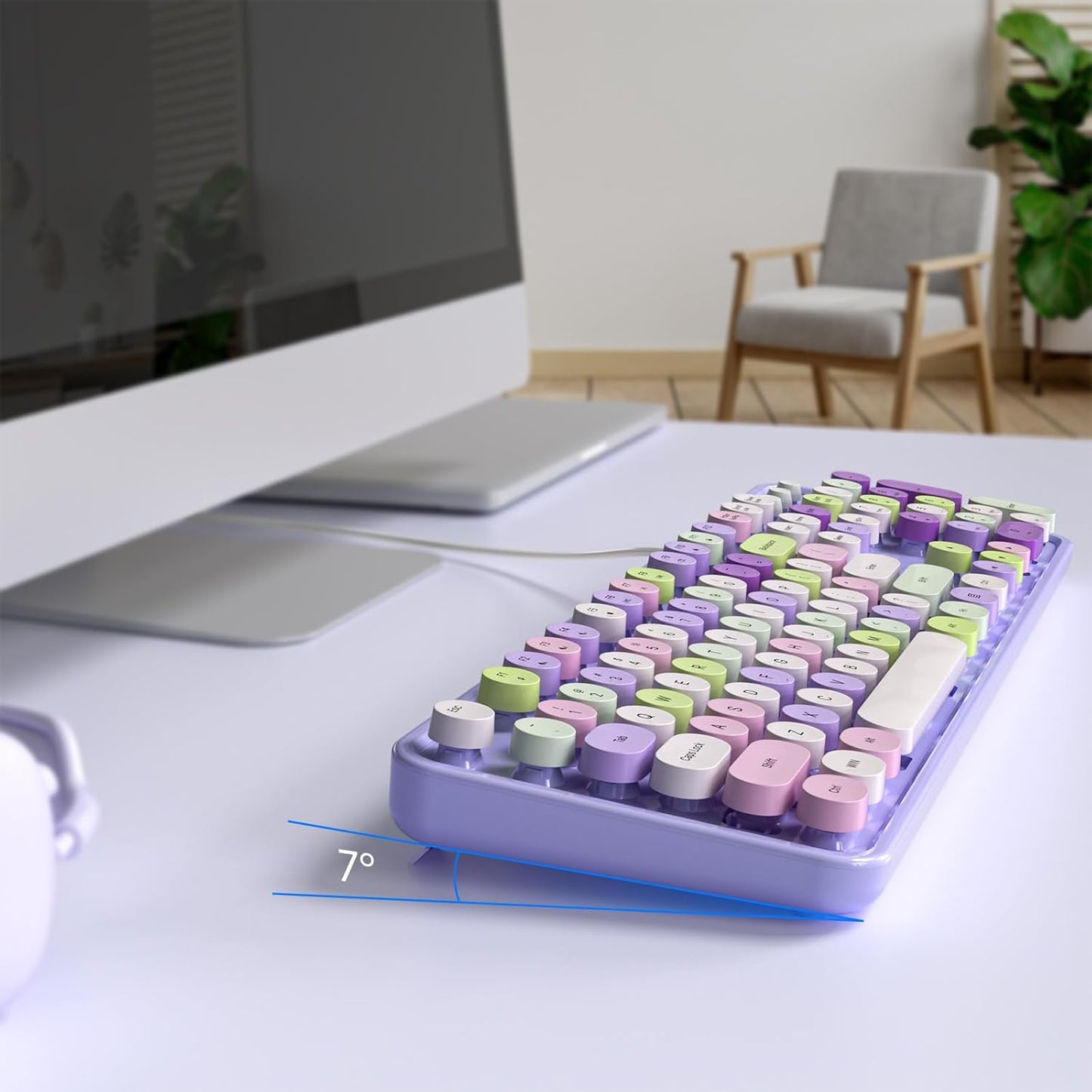Wired Keyboard, 104 Keys Full-Sized Typewriter Keyboards, USB Office Keyboard with Number Pad, Caps Indicators, Foldable Stands for Windows, PC, Laptop, Desktop (Purple Colorful)