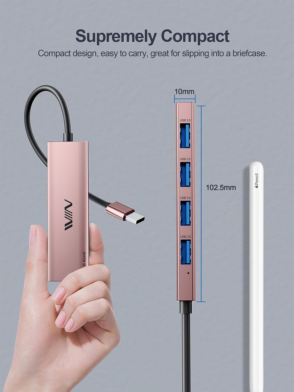 USB 3.0 Hub,4 Port USB Splitter Extender Portable Adapter Multiport Data Hub for Laptop,Xbox, Flash Drive,HDD,Console,Camera,Keyborad,Mouse Windows,Mac OS PC,Not Designed to Charge Devices-Pink