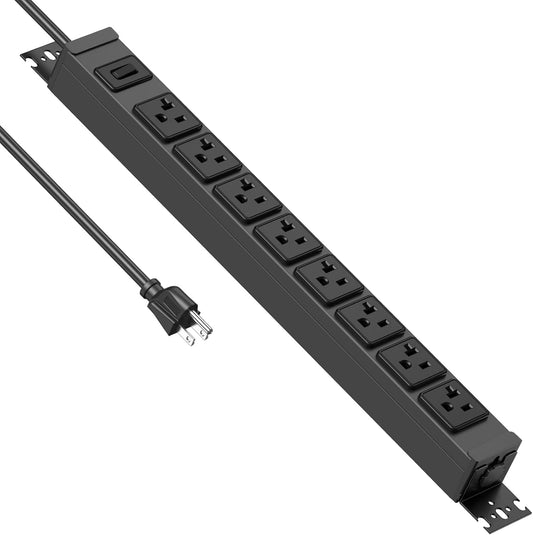 JUNNUJ Heavy Duty Power Strip Wall Mount, 20 Amp Surge Protector 1200J Metal 8 Outlet Under Desk Mounted 20A, Garage Power Table Socket Industrial Outlets 6-20R T-Slot, Black-10FT 12AWG Extension Cord