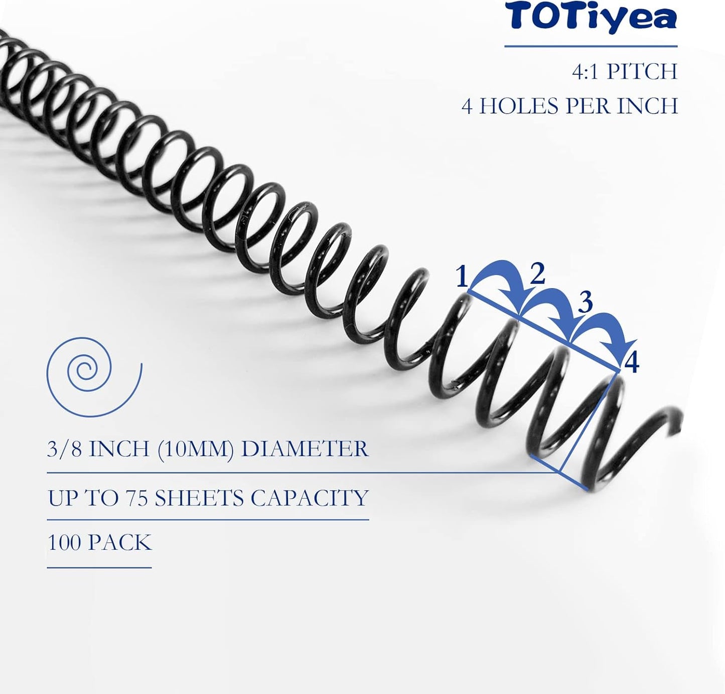 TOTiyea 100 Pack Plastic Spiral Binding Coils, 10mm(3/8") Binding Spirals, 75 Sheet Capacity, 4:1 Pitch, Black