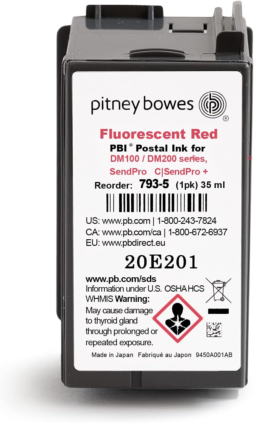 Pitney Bowes 793-5 Genuine Ink Cartridge for DM100, DM200 and SendPro C and SendPro+, Red Ink, 35 ml