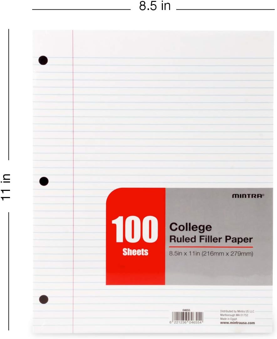 Mintra Office Filler Paper (College Ruled, 2400 Sheets (4-6pks)) - 8.5in x 11in - Filler Paper for Ring Binders