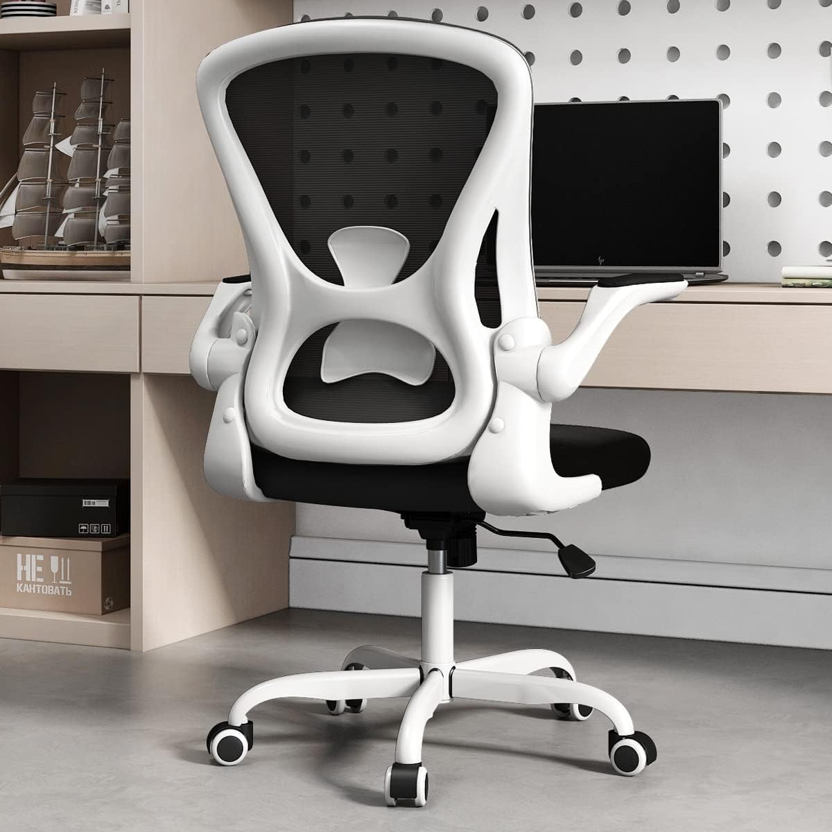 Sytas Ergonomic Desk Chair with Padded Flip up Arms and Supportive Lumbar Support, Breathable Mesh Home Office Chair with Comfortable Cushion for Home or Office(White)