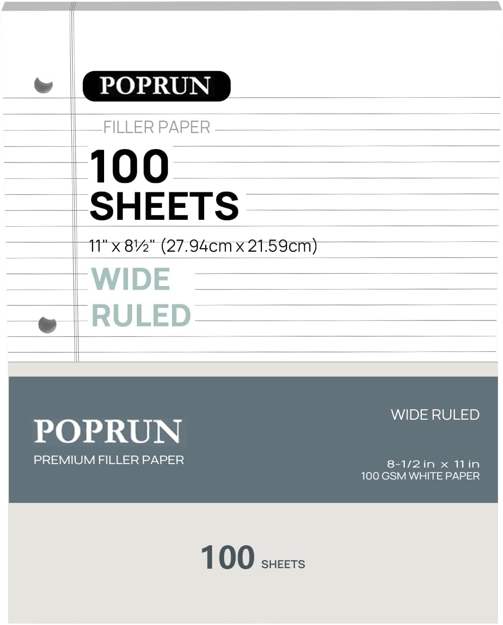 POPRUN Loose Leaf Paper, 8.5" x11" Wide Ruled, 100GSM / AA Grade Bulk Lined Filler Sheets, 3 Hole Punched for Binder Notebook, Office School Supplies, 1 Pack (100 Sheets)