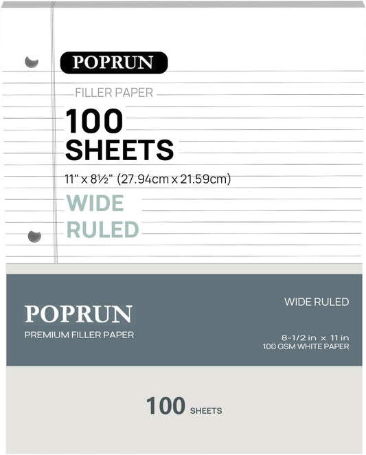 POPRUN Loose Leaf Paper, 8.5" x11" Wide Ruled, 100GSM / AA Grade Bulk Lined Filler Sheets, 3 Hole Punched for Binder Notebook, Office School Supplies, 1 Pack (100 Sheets)