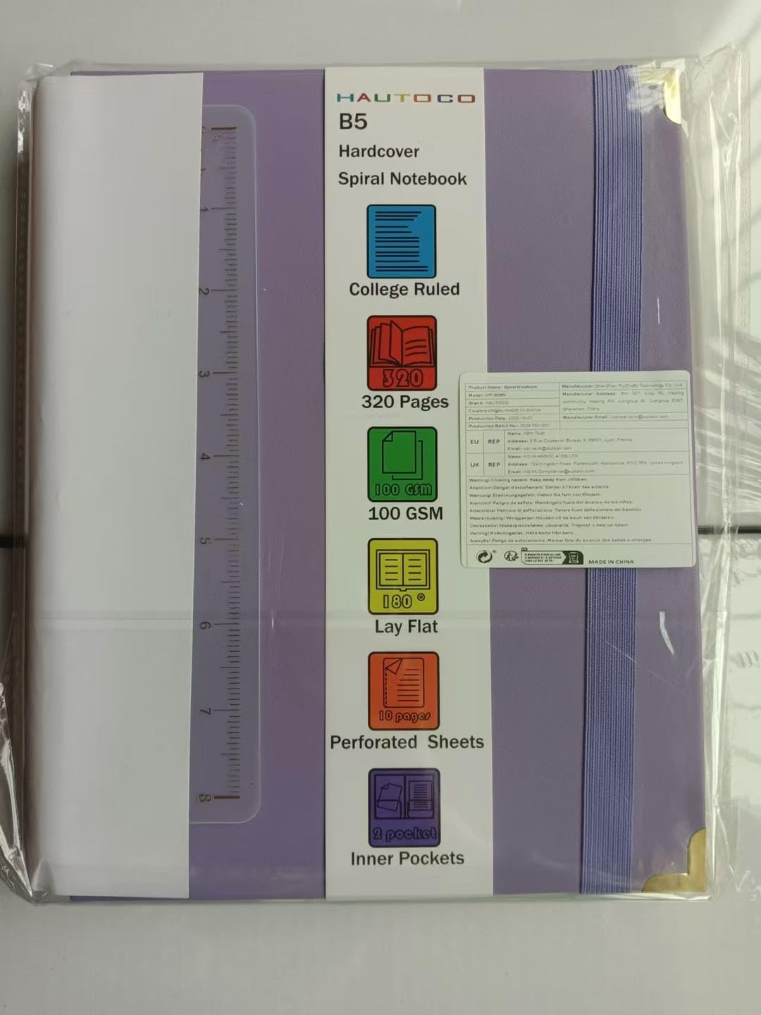 HAUTOCO Spiral Notebook, B5 Purple Hardcover Leather Notebooks, College Ruled Notebook with 320 Pages, 100 GSM Paper, 7"x 9.7" Lined Journaling Notebooks for Girls Women Work School Office