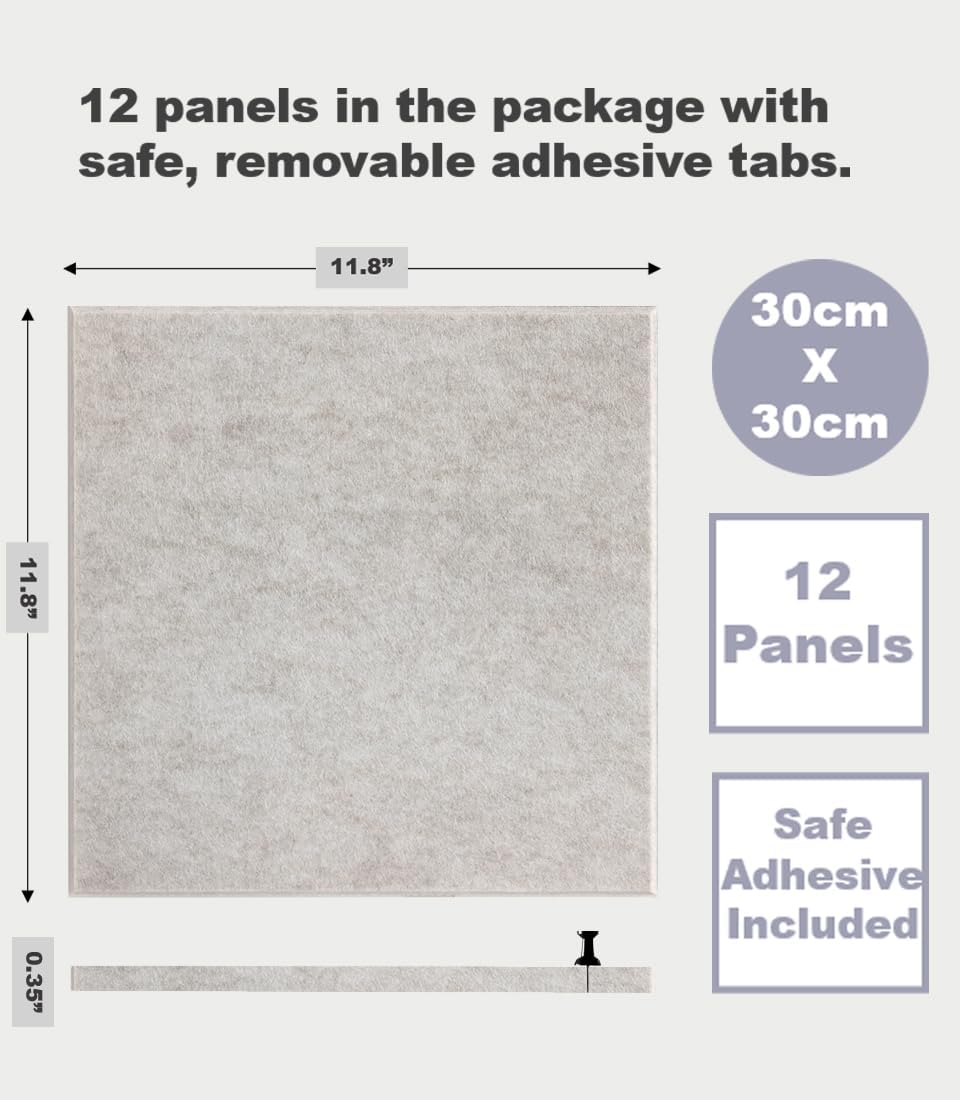 Large Cork Board Alternative - 12-Pack Felt Wall Tiles with Safe Removable Adhesive Tabs, Cork Wall Tiles Bulletin Board Home Office Essentials - Ivory