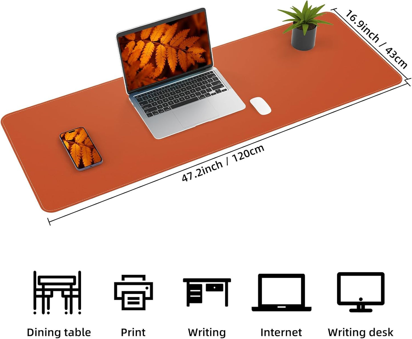 Large Desk Mat -47.2" x 17" Leather Desk Pad Protector with Natural Cork & PU Leather, Non-Slip Office Desk Mat, Double-Sided Mouse Pad, Waterproof Large Desk Pad for Office&Home (Orange)…