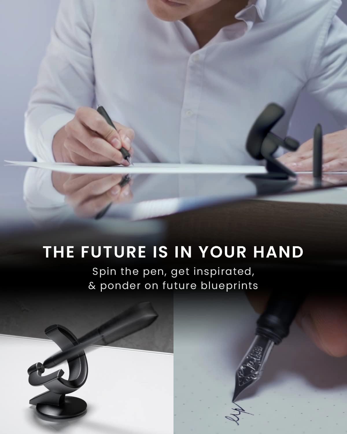 novium Hoverpen Future Edition - Luxury Metal Fountain Pen, Fine Nib, Futuristic Aesthetic, Free Spinning Executive Pen, Gift for Dad (Deep Black)