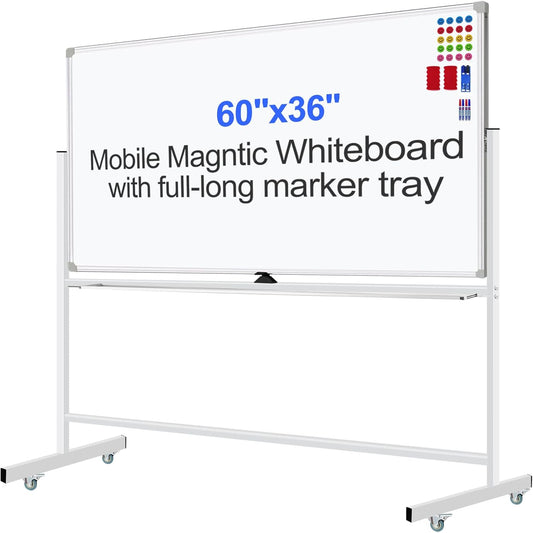 Mobile Magnet Whiteboard with Stand 60x36 Double-Sided Dry Erase Board with Stand - Magnetic Portable Standing Whiteboard - 5' x 3' Rolling White Boards with Easy Flip Feature