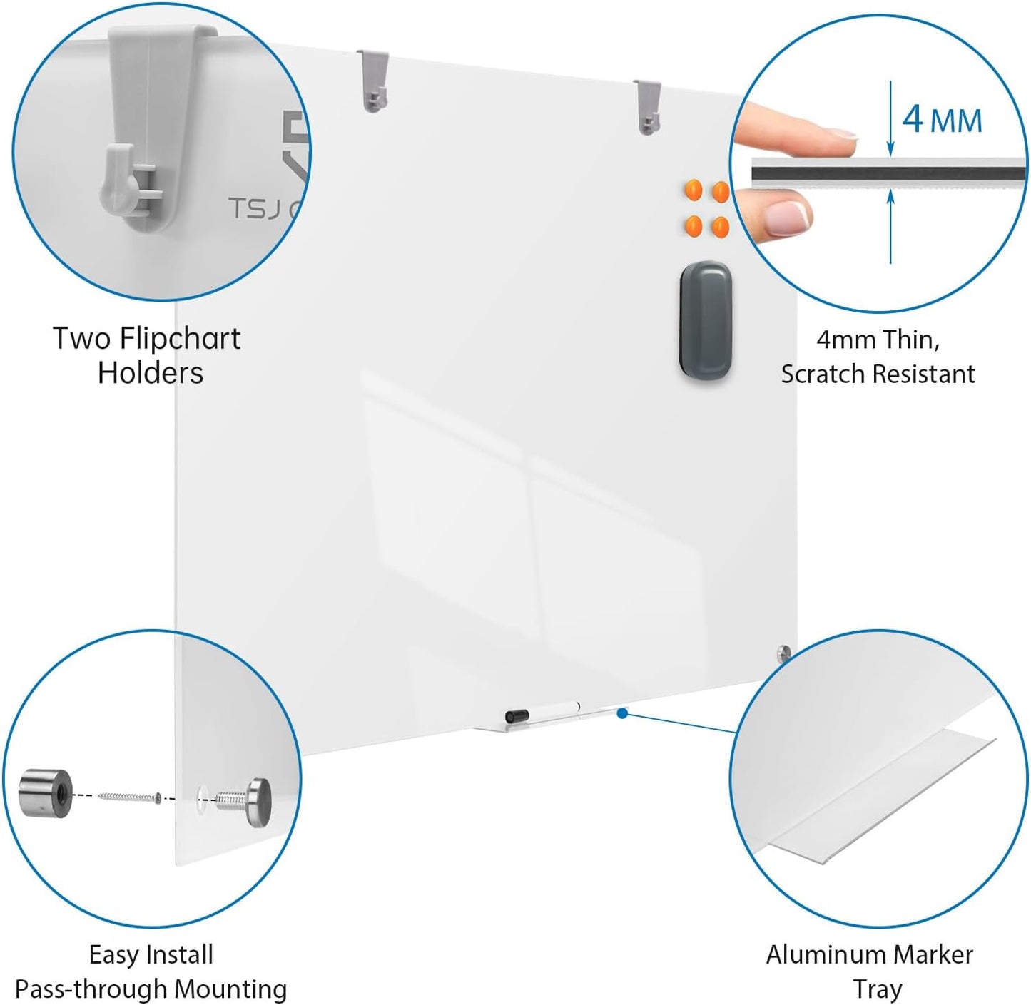 TSJ OFFICE Glass Dry-Erase Board - 36 x 24 Inches Brilliance White Magnetic Glass Whiteboard, Wall Mounted Large Frameless White Board for School, Home & Office