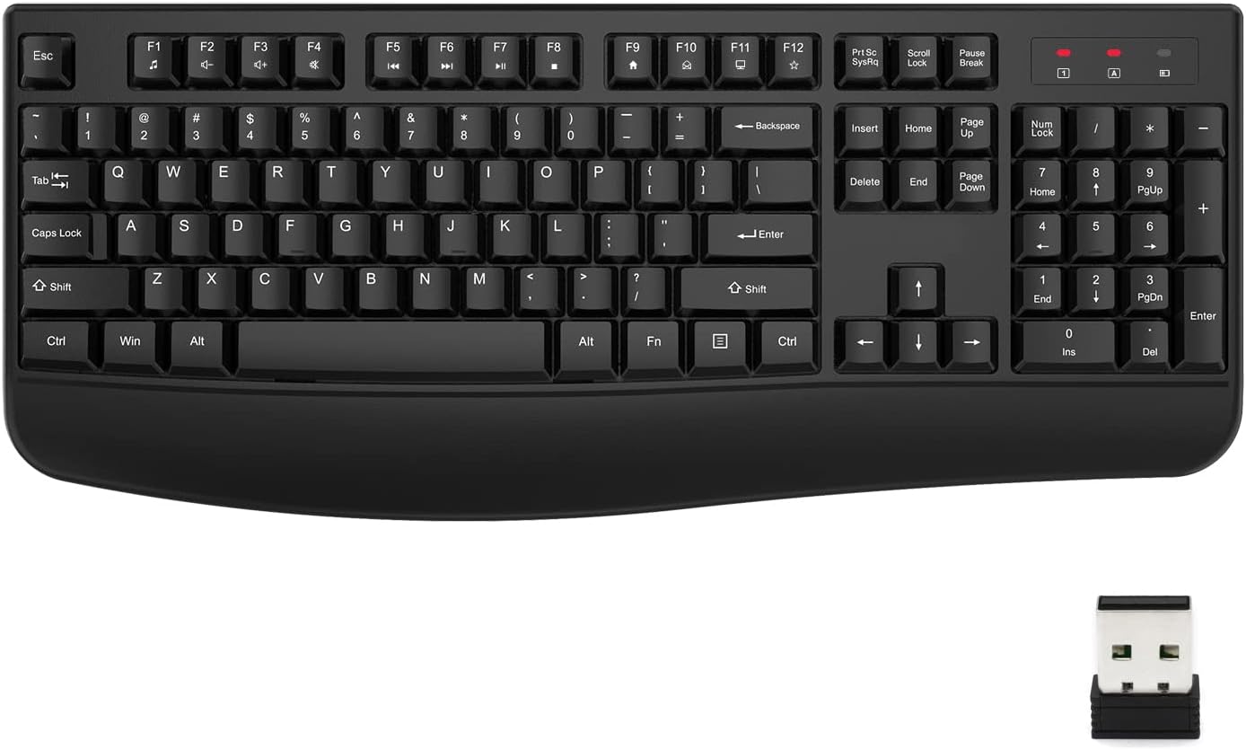 EDJO Wireless Keyboard, 2.4G Ergonomic Full Size Wireless Computer Keyboard with Wrist Rest for Windows, Mac OS Desktop/Laptop/PC（Black）