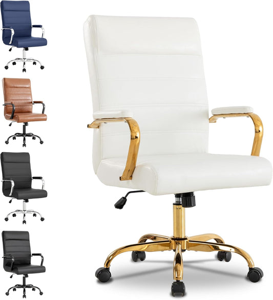 Office Desk Chair,Modern Leather Conference Room Chairs,High Back Home ofiice Chair,Adjustable Height Swivel Executive Computer Chair with Padded Seat and Armrest (White with Gold Frame)