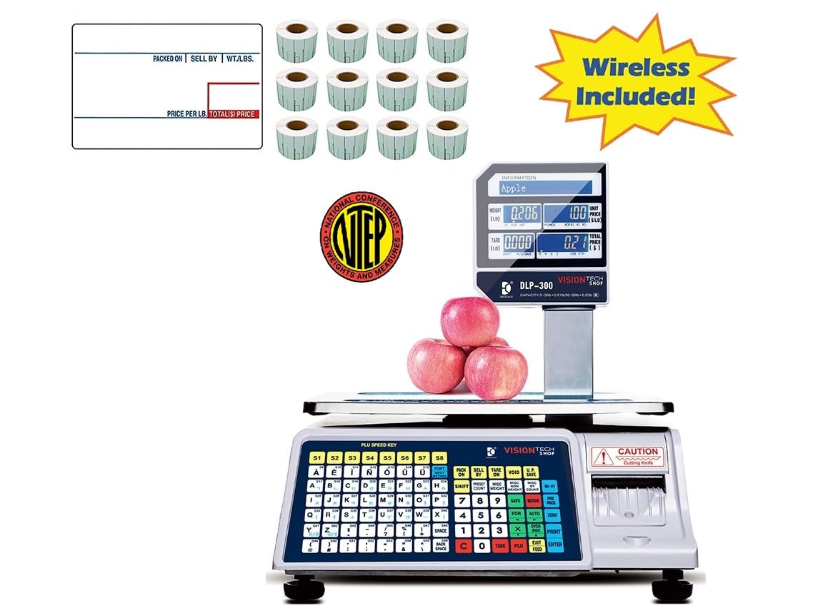 VisionTechShop DLP-300 Label Printing Scale Pole Display, 30/60lbs Capacity, 0.01/0.02lbs, NTEP Legal for Trade with a Free 1 case CAS LST-8010 UPC Label, 58 x 40mm