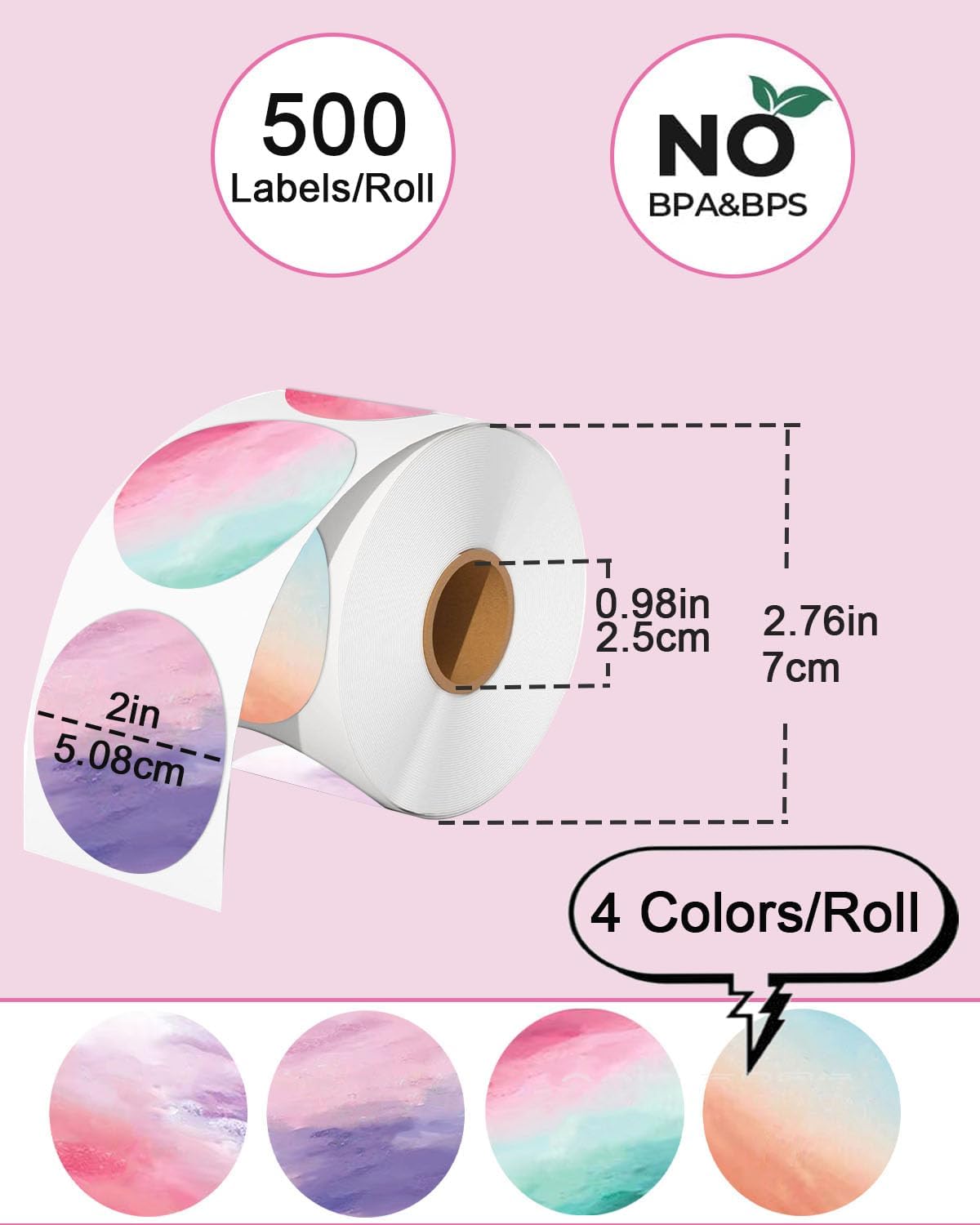2 inch Round Thermal Labels - Direct Thermal Stickers, 500 Labels for Printer, 4 Colors
