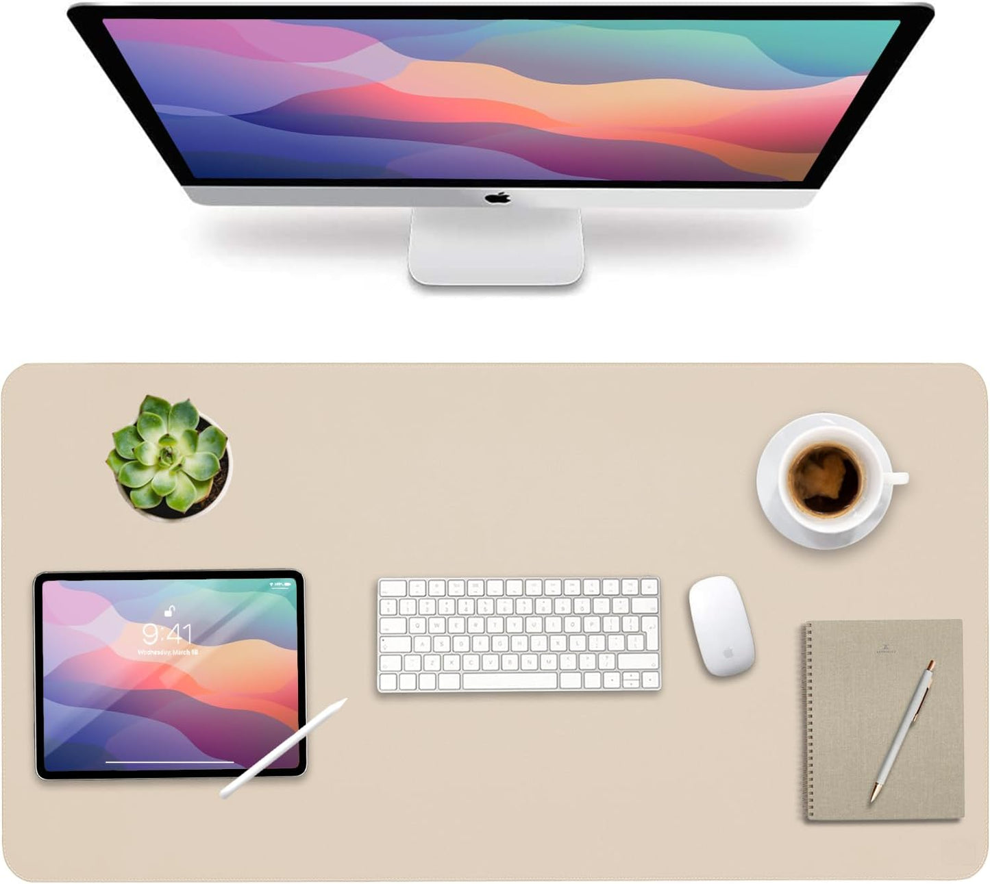 Vine Creations Leather Desk Mat Large 36" x 20", Desk Protector Mat, PU Leather Desk Pad, Non-Slip Large Mouse Pad, Desk Blotter, Desk Pads on Top of Desks, Home Office Desk Matt for Desktop (Beige)