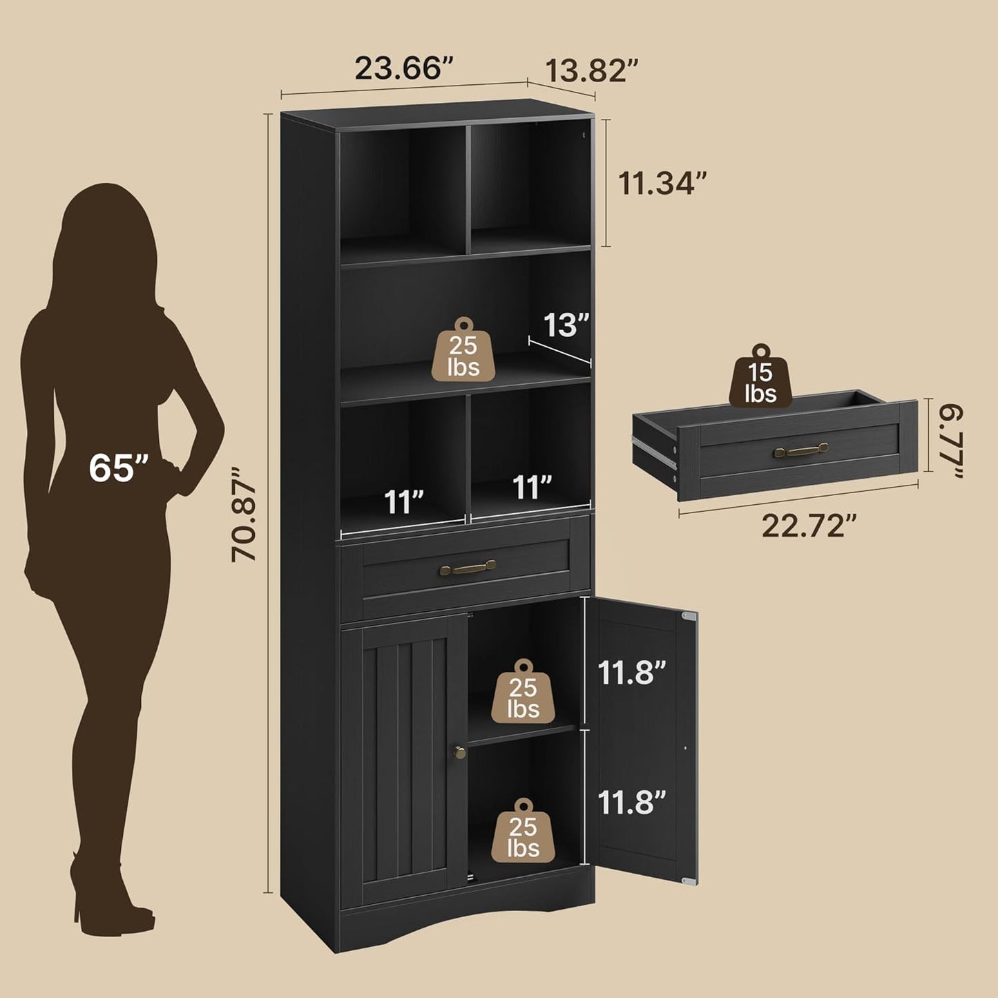 Gizoon 71'' Tall Storage Cabinet, Kitchen Pantry Cabinet with Doors & Drawers, Wooden Storage Organizer for Living Room, Office, Kitchen, with Adjustable Shelves, Anti-tip, Metal Handle, Black