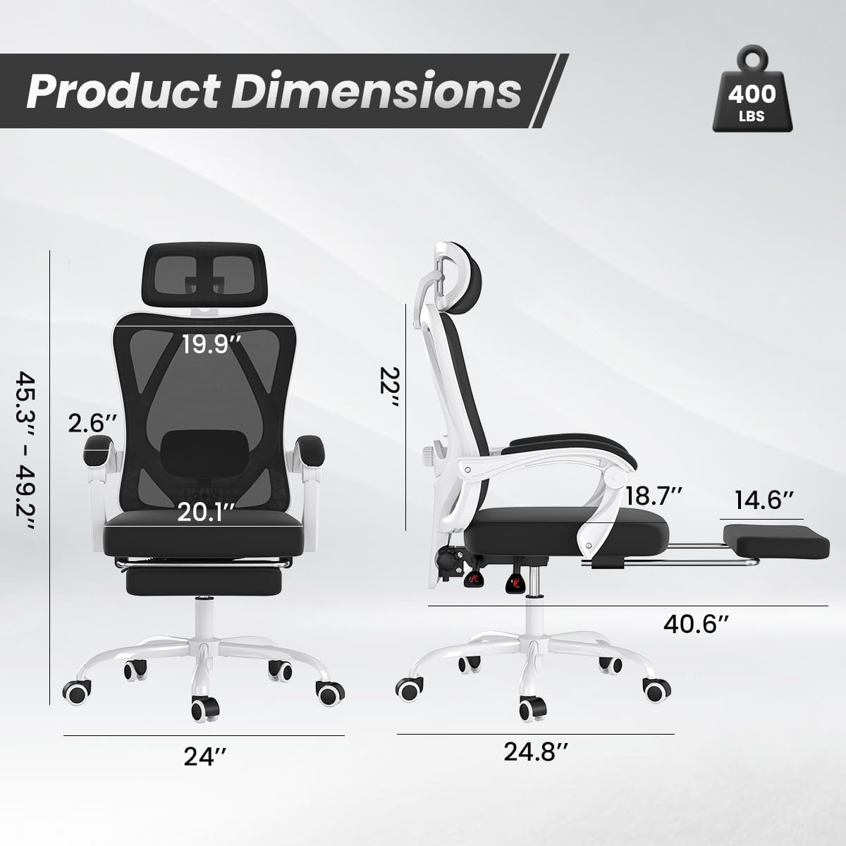 Farini Ergonomic Office Chair with Footrest, Mesh Office Desk Chair with Headrest, High Back Computer Chair with Adjustable Lumbar Support for Home Office Study Room Bedroom, White & Black