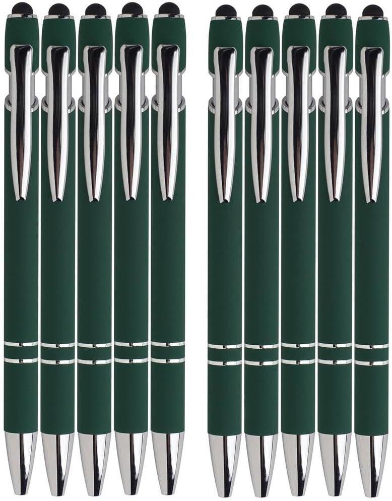 Green Ballpoint Pens with Black Ink, 2-in-1 Stylus Tip, 1.0mm Medium Point, Matte Metal Barrel – 10-Pack for Office or School