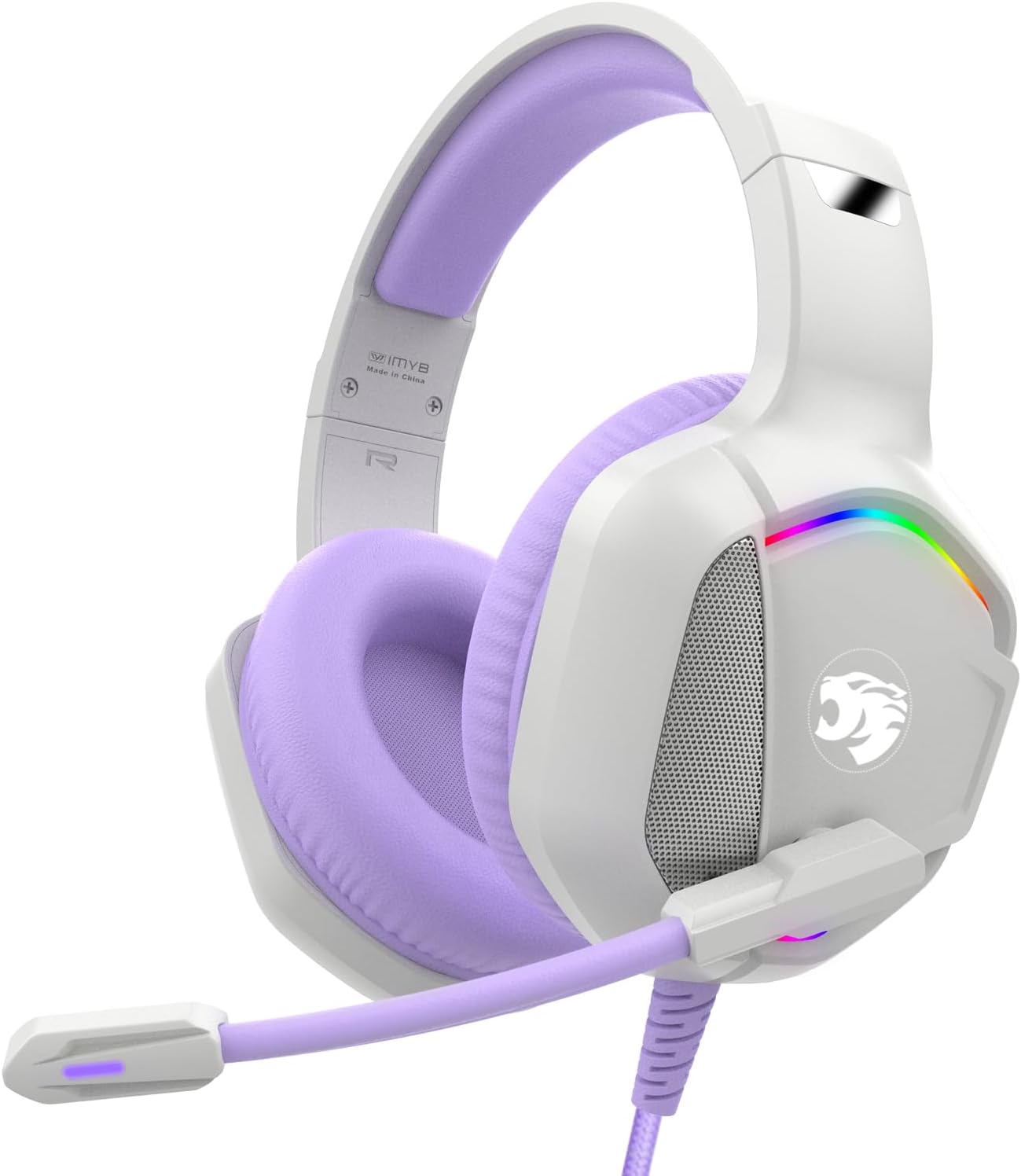 Gaming Headset with Microphone for Pc, Xbox One Series X/s, Ps4, Ps5, Switch, Stereo Wired Noise Cancelling Over-Ear Headphones with Mic, RGB, for Computer, Laptop, Mac, Nintendo (White Purple)