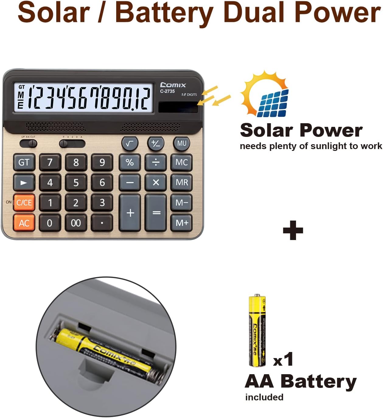 Comix Desktop Calculator, Large Computer Keys, 12 Digits Display, Champaign Gold Color Panel, C-2735