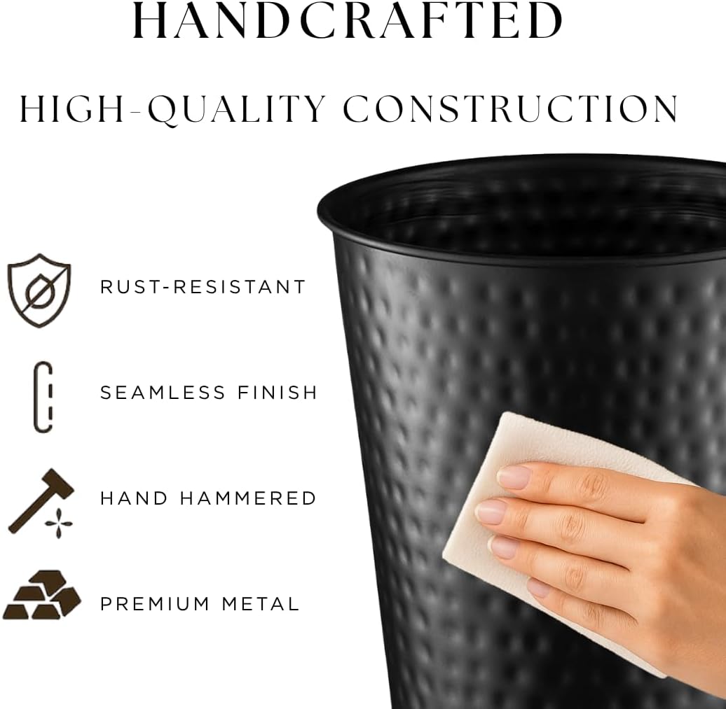 Monarch Abode Black Hand Hammered Metal Wastebasket for Home Office Bedroom, Decorative Waste Basket, Modern Bathroom Garbage Can, Durable & Decorative Trash Bin, Black Bathroom Trash Can