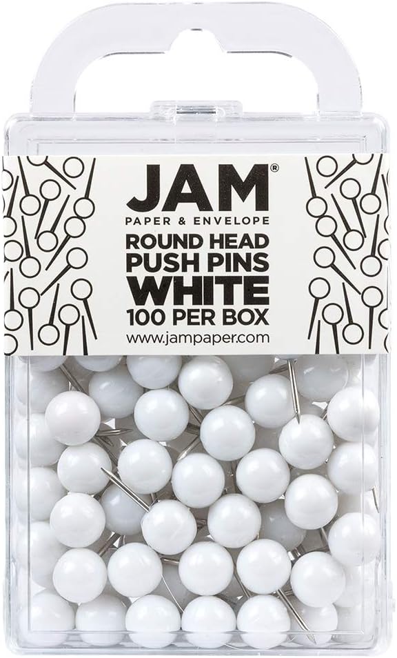 JAM PAPER Colorful Push Pins - Round Head Map Thumb Tacks - White Pushpins - 100/Pack