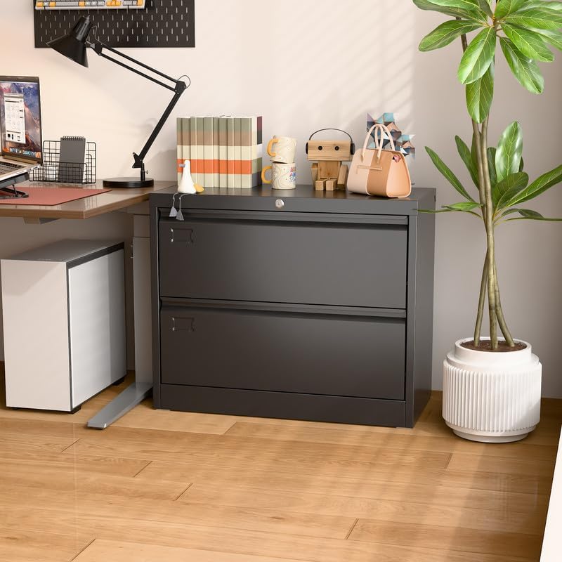 Aobabo 2 Drawer Wide Lateral File Cabinet, Metal Filing Cabinet with Lock, Suitable for Home Office School Hanging Files Letter/Legal/F4/A4 Size,Black,Required-Assembly