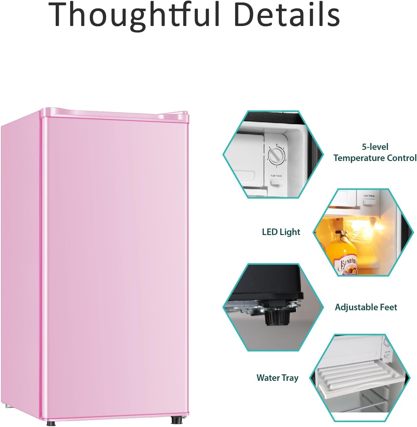 Seaoola Mini Fridge with Freezer, Single Door 3.1 Cu.Ft, Compact Mini Refrigerator, LED Light, Adjustable Thermostat, Removable Glass Shelves, Small Refrigerator for Dorm/Office/Bedroom(Pink)