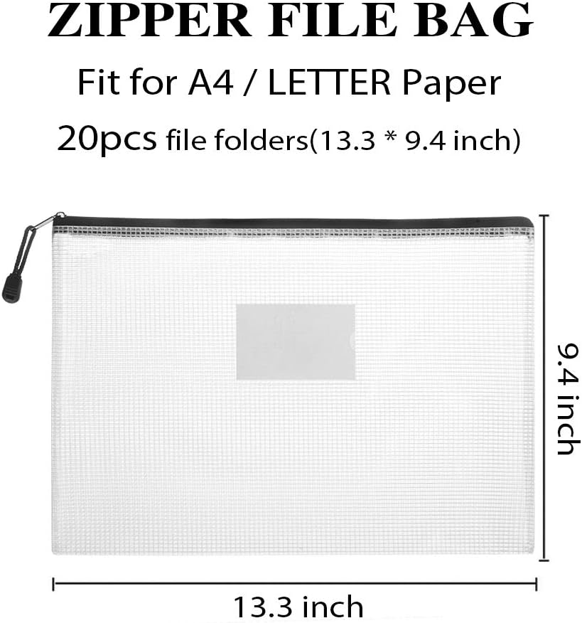 Sooez 20 Pack Mesh Zipper Pouch with Label Pocket, Plastic Zip File Folders, Letter Size A4 Zipper Document Bag for Teacher School Office Supplies, Classroom Organization, Board Game Storage，Black