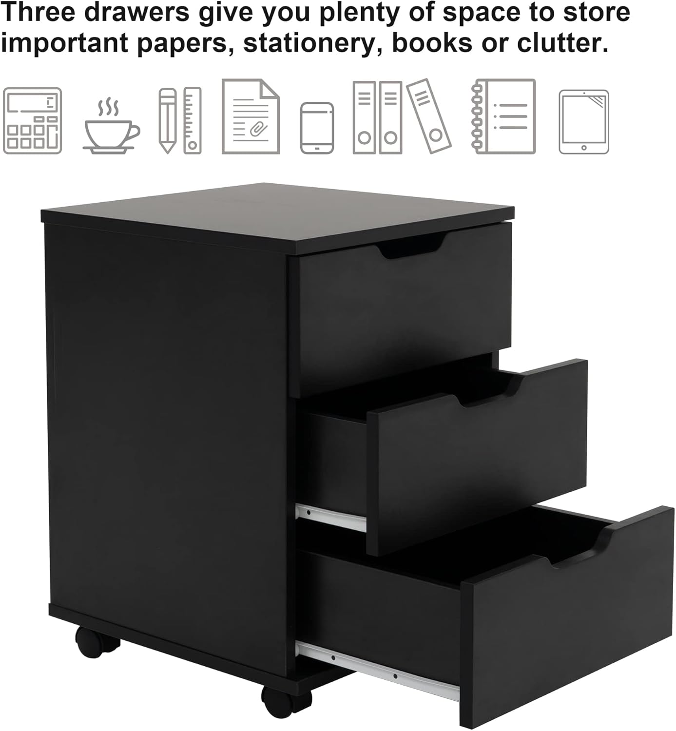 Farini 3-Drawer Vertical Filing Cabinet Rolling Wood Mobile File Cabinets Under Desk for Home Office with Casters (Black, Non-Assembled)