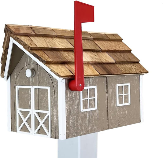 Peaceful Classics Amish Cedar Roof Wooden Mailbox with Window & Door Trim, Handcrafted Mailboxes for Outside, Post Mount Residential Mailboxes - (Clay & White, Wood)