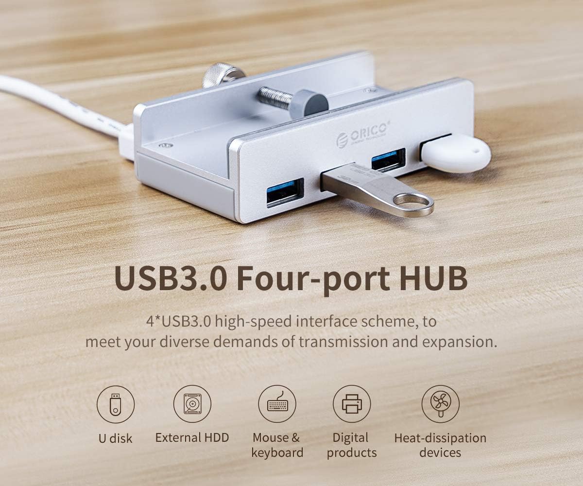 ORICO USB 3.0 Hub Clamp - Aluminum 4-Port USB Splitter With Extra Power Supply Port, 4.92 FT USB A to C Cable, Desktop Powered Hub for Monitors/Desks - Silver