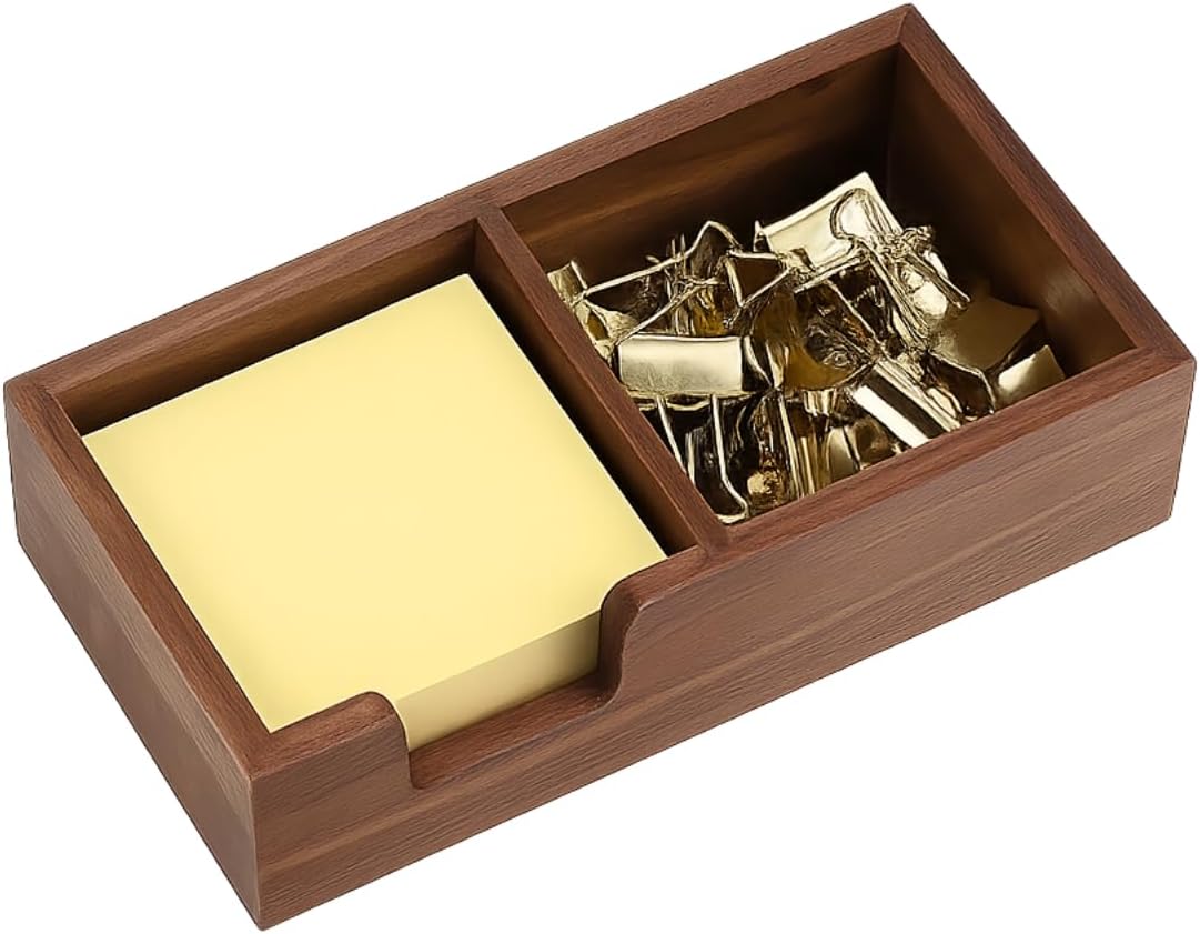 MultiBey Walnut Sticky Note Holder for Desk - 2-in-1 Organizer with Paper Clip Tray & 3x3 Post It Dispenser, Wood Self Stick Memo Pad Holder Dispenser Supplies Organizer for Office Home Schools