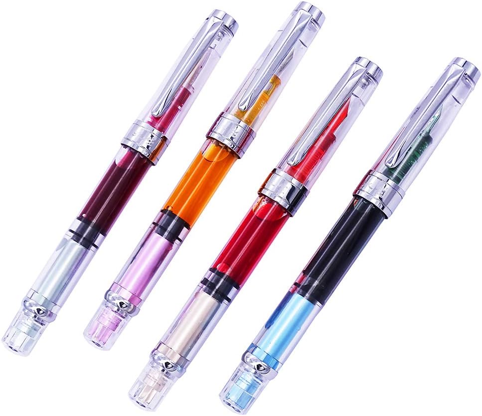 Lanxivi 4 x Yongsheng 3008 Fountain Pen Upgrated Fine Nib,Silver Trim,Piston Filling, Transparent