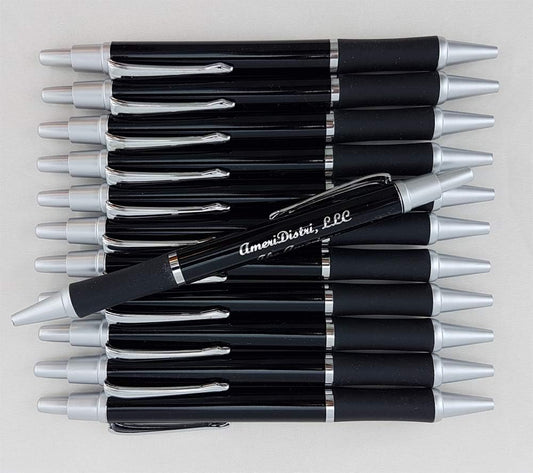 ezpencils - Personalized - Elegant Tip and Click Silver Accents on Black Solid Color Body and Black Grip - Bullet Ballpoint Pens - 12 pkg - ** FREE PERZONALIZATION **