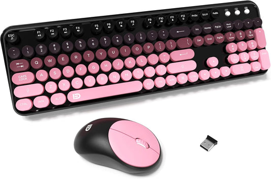 FD Wireless Keyboard and Mouse Combo - 2.4G Full-Sized Cute Colorful Mouse and Keyboard with 104 Round Keys Retro Typewriter Keyboards for Laptop/Windows/PC - Pink Gradient