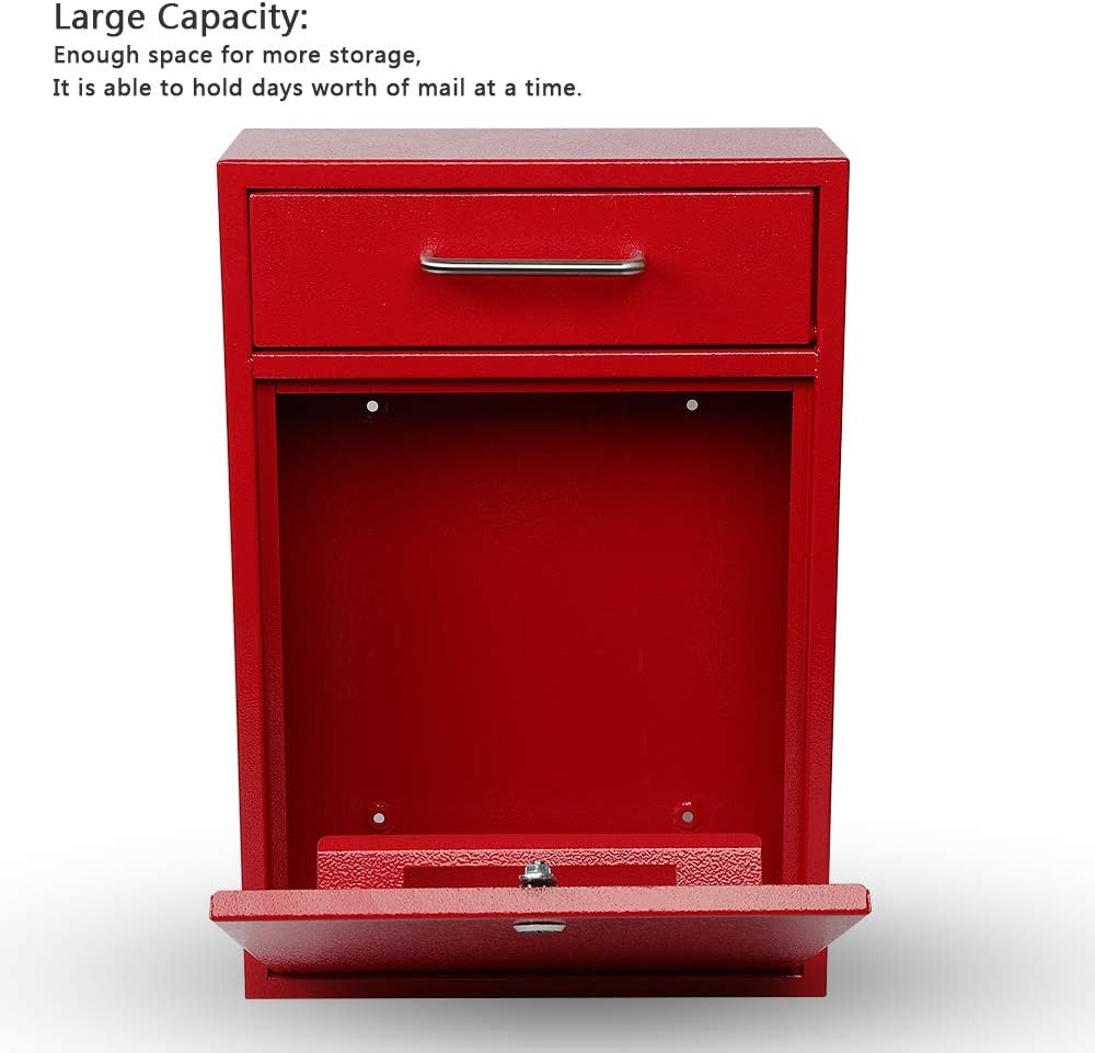 KYODOLED Steel Key Lock Mail Boxes Outdoor, Locking Wall Mount Mailbox, Security Key Drop Box, Collection Boxes,16.2H x 11.22L x 4.72W Inches, Red X Large