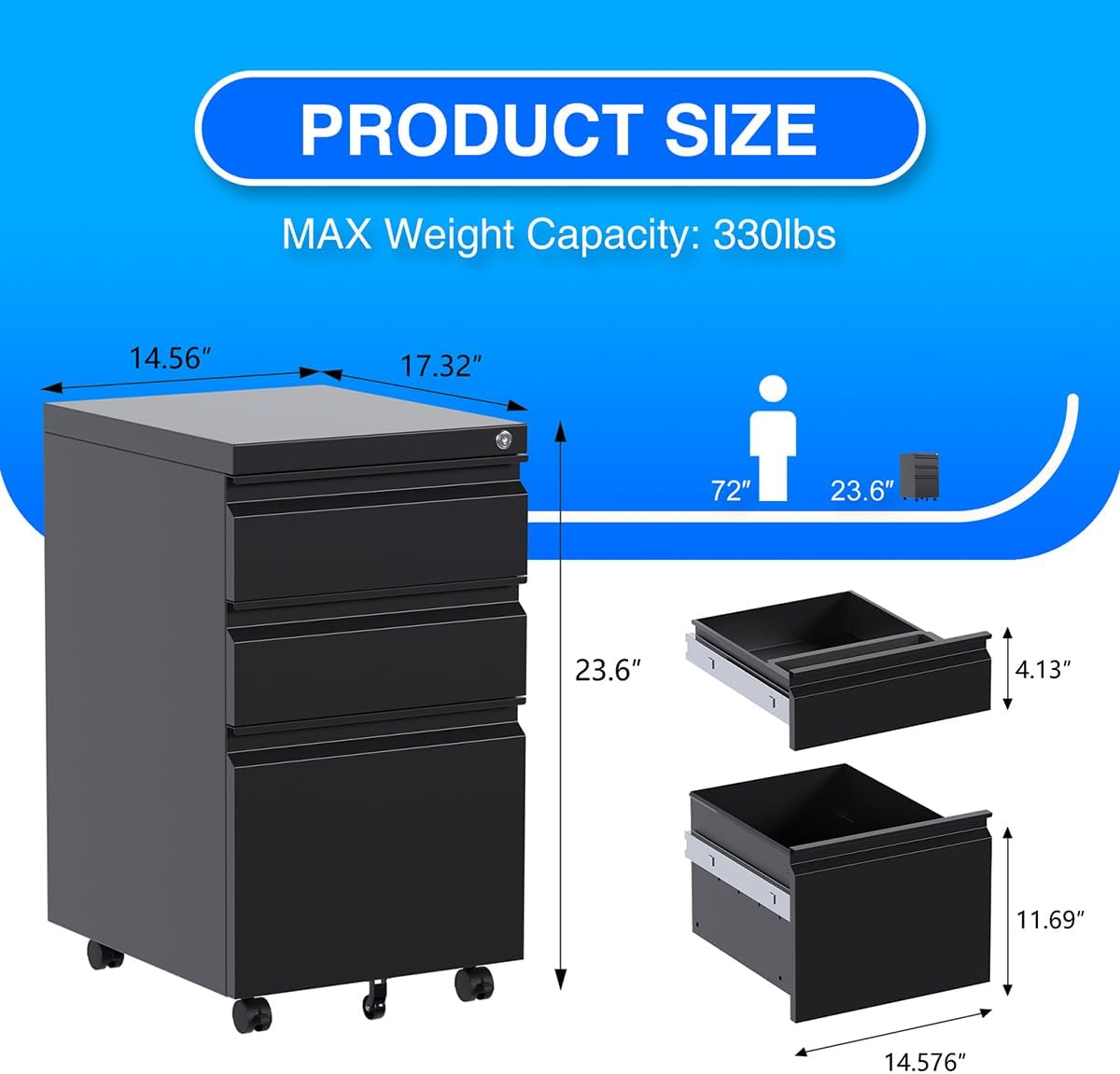 3 Drawer Steel Mobile File Cabinet with Lock for Legal/Letter/A4 Folders, 23.6''H Rolling File Cabinet for Home, Office, Fully Assembled Except Wheels, Black